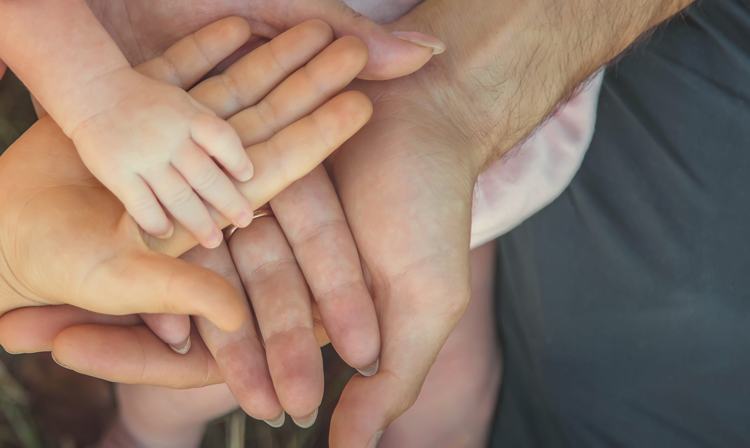 Family hands in nature with a newborn. Selective focus. People.